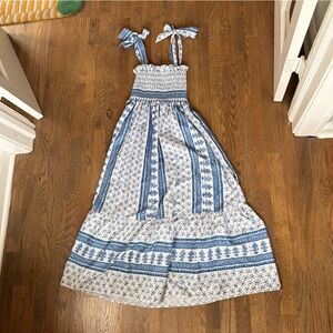 Smocked Tie-Shoulder Blue Floral Maxi Dress, Size Large